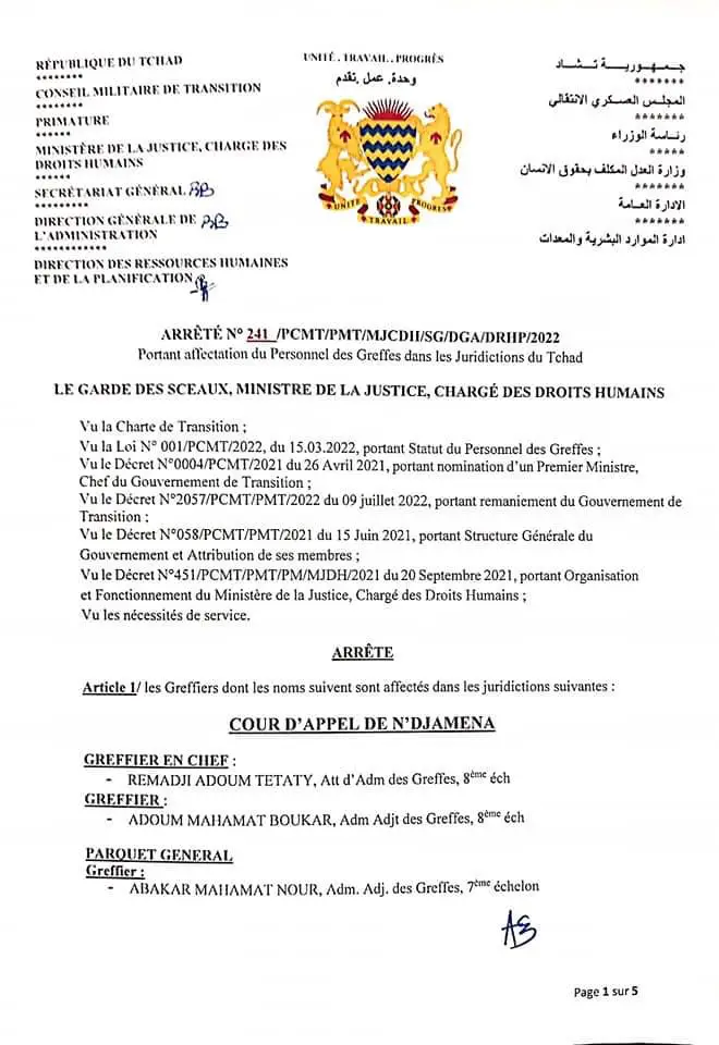 Tchad : le ministre de la Justice signe l’arrêté d’affectation du personnel des greffes 