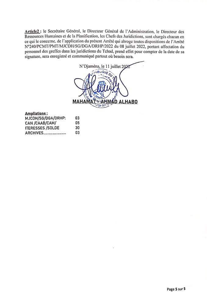 Tchad : le ministre de la Justice signe l’arrêté d’affectation du personnel des greffes 
