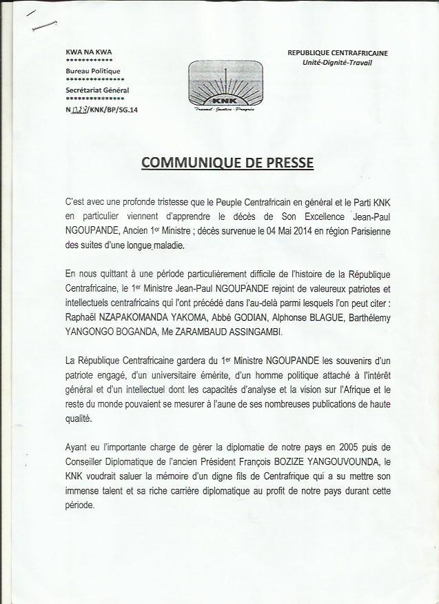 Le parti de Bozizé rend hommage à Jean-Paul Ngoupande