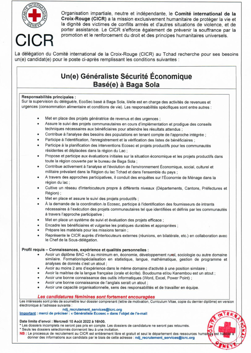 Tchad : La Délégation du CICR recrute un(e) Généraliste Sécurité Economique (H/F) basé(e) à Baga Sola Tchad : La Délégation du CICR recrute un(e) Généraliste Sécurité Economique (H/F) basé(e) à Baga Sola
