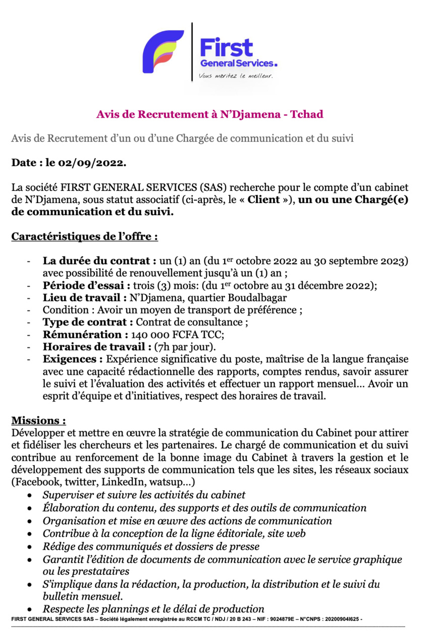 Tchad : avis de recrutement d’un ou d’une chargée de communication et du suivi pour un cabinet Tchad : avis de recrutement d’un ou d’une chargée de communication et du suivi pour un cabinet