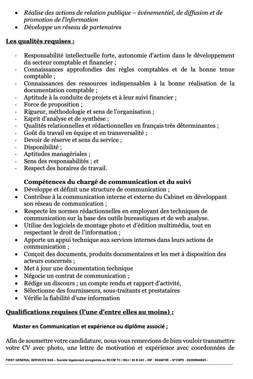 Tchad : avis de recrutement d’un ou d’une chargée de communication et du suivi pour un cabinet Tchad : avis de recrutement d’un ou d’une chargée de communication et du suivi pour un cabinet