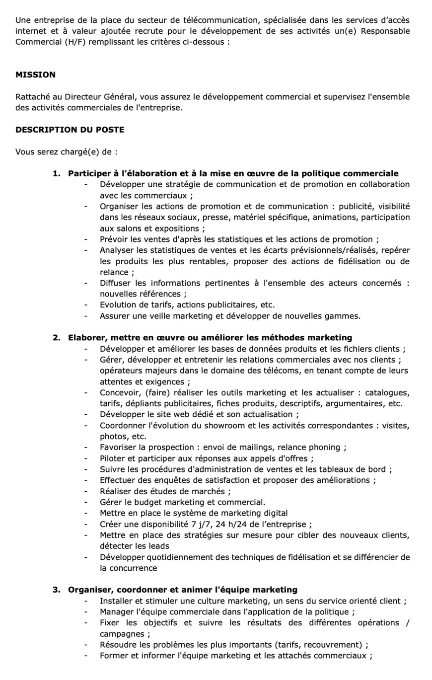 Tchad : avis de recrutement d'un responsable commercial dans une entreprise du secteur des télécommunications