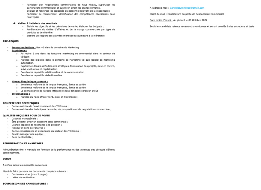 Tchad : avis de recrutement d'un responsable commercial dans une entreprise du secteur des télécommunications Tchad : avis de recrutement d'un responsable commercial dans une entreprise du secteur des télécommunications