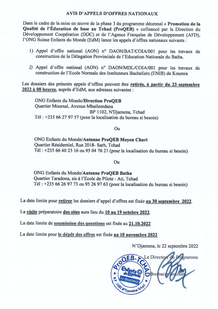 Tchad : avis d'appels d'offres nationaux de l'ONG Suisse Enfants du Monde pour la phase 3 du ProQEB Tchad : avis d'appels d'offres nationaux de l'ONG Suisse Enfants du Monde pour la phase 3 du ProQEB