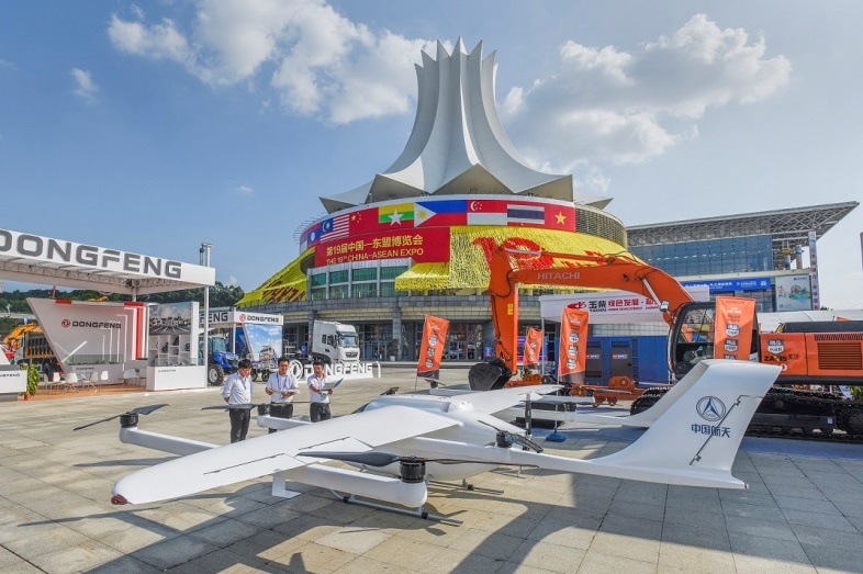 A mid-range unmanned aerial vehicle developed by China Aerospace Science and Technology Corporation is exhibited at the 19th China-ASEAN Expo, September, 2022. (Photo by Peng Huan/People's Daily Online)