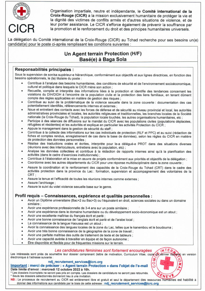 Tchad : La Délégation du CICR recrute un(e) Agent Terrain (H/F) basé(e) à Baga Sola Tchad : La Délégation du CICR recrute un(e) Agent Terrain (H/F) basé(e) à Baga Sola