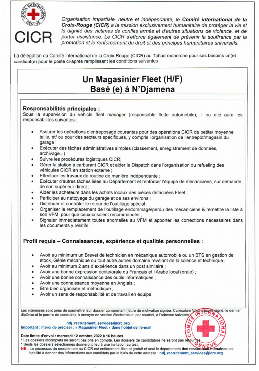 Tchad : La Délégation du CICR recrute un Magasinier Fleet (H/F) basé à N'Djamena Tchad : La Délégation du CICR recrute un Magasinier Fleet (H/F) basé à N'Djamena