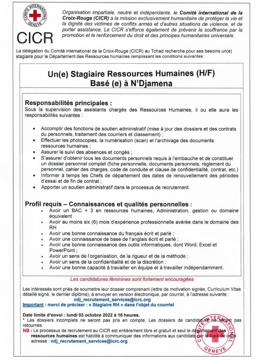 Tchad : La Délégation du CICR recrute un(e) Stagiaire Ressources Humaines (H/F) basé(e) à N'Djamena Tchad : La Délégation du CICR recrute un(e) Stagiaire Ressources Humaines (H/F) basé(e) à N'Djamena