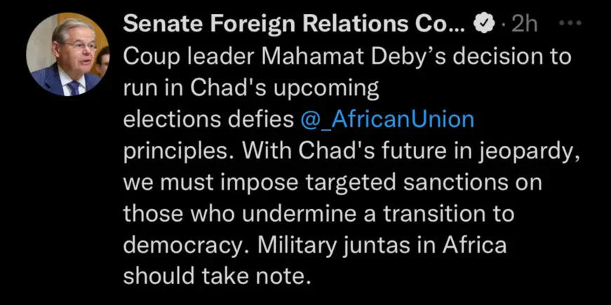 Tchad : un sénateur américain exige des “sanctions ciblées” si le PCMT entrave la démocratie