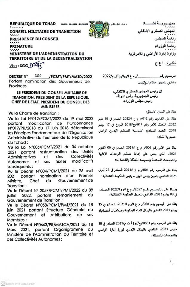 Tchad : le PCMT remplace six gouverneurs Tchad : le PCMT remplace six gouverneurs