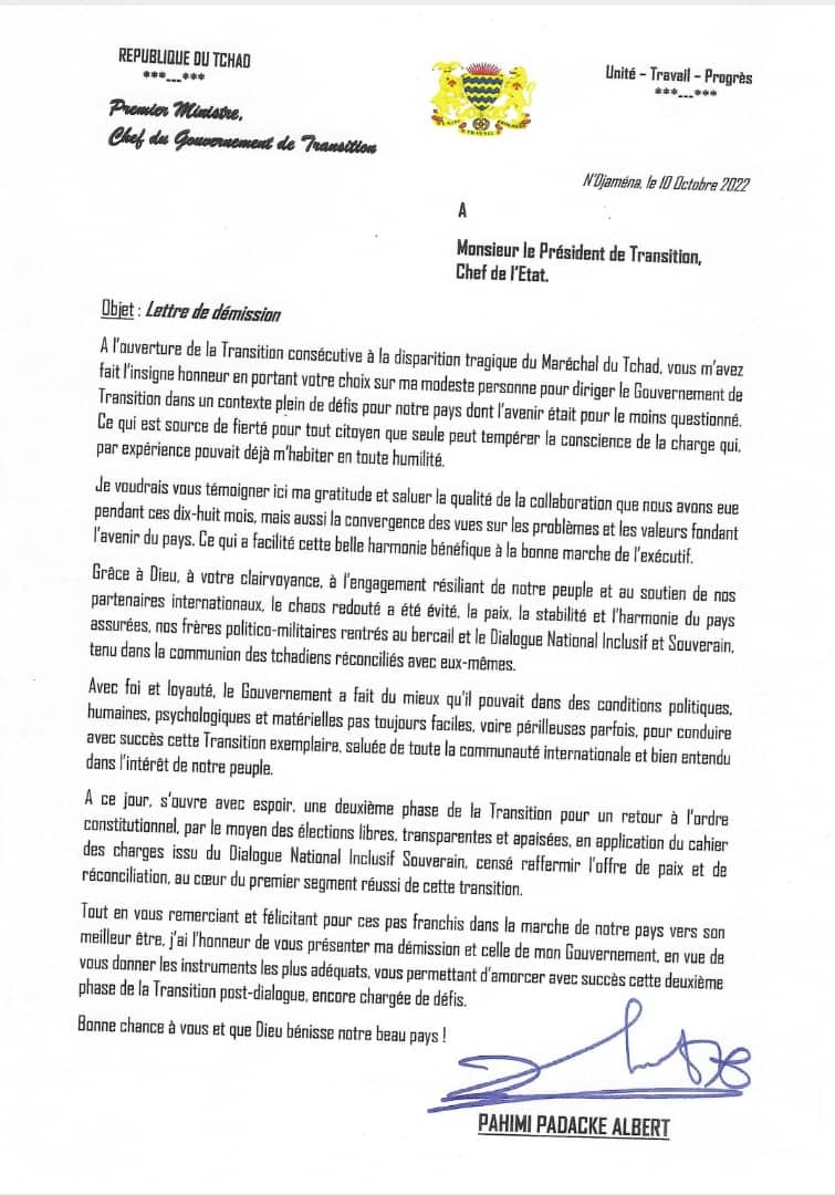 Tchad : une "transition exemplaire, saluée de toute la communauté internationale" (Pahimi Padacké)