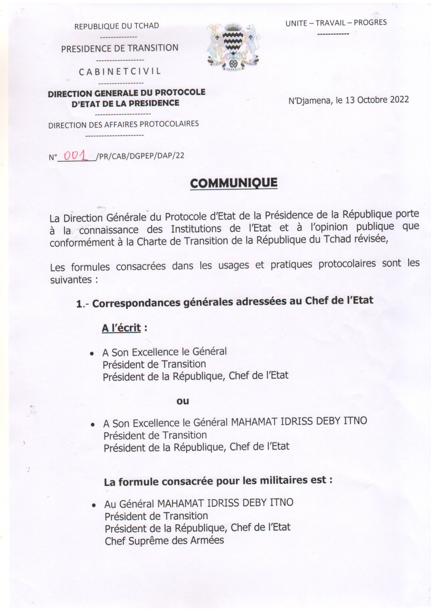 Tchad : le Protocole d'État actualise les formules protocolaires pour s'adresser au président