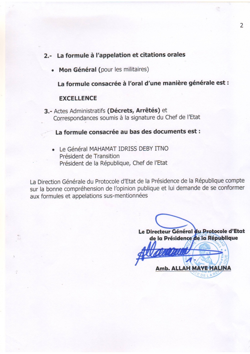 Tchad : le Protocole d'État actualise les formules protocolaires pour s'adresser au président