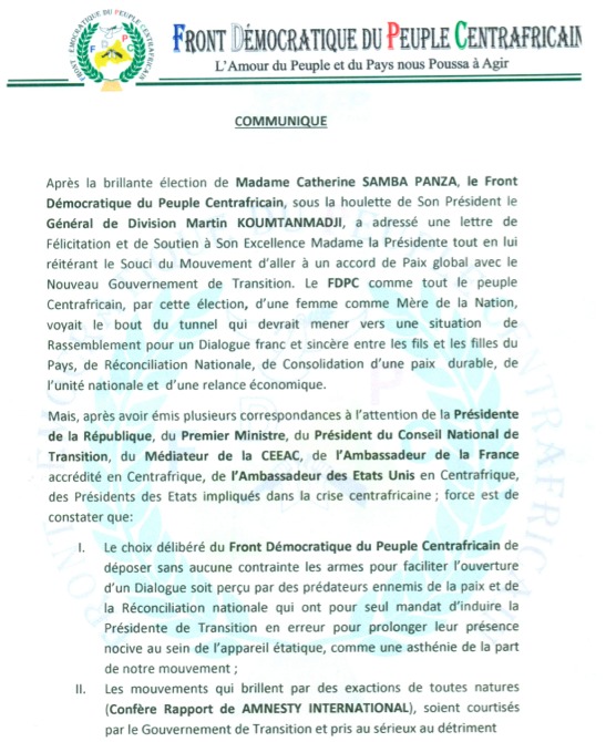RCA : Le FDPC annule sa participation au Dialogue de Brazzaville et suspend toute négociation avec le Gouvernement RCA : Le FDPC annule sa participation au Dialogue de Brazzaville et suspend toute négociation avec le Gouvernement