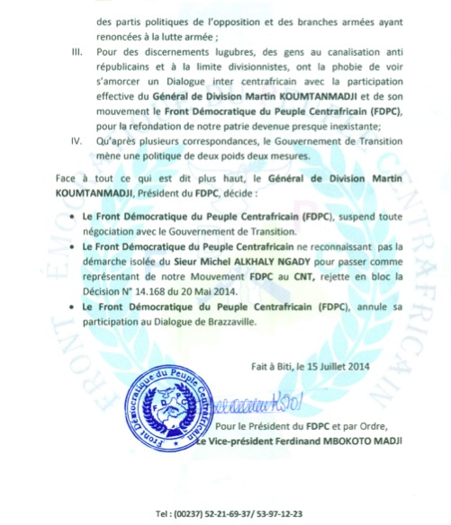 RCA : Le FDPC annule sa participation au Dialogue de Brazzaville et suspend toute négociation avec le Gouvernement RCA : Le FDPC annule sa participation au Dialogue de Brazzaville et suspend toute négociation avec le Gouvernement