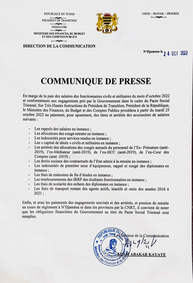 Tchad : le ministère des Finances annonce le paiement, pour apparement, d'arriérés de titres et salaires Tchad : le ministère des Finances annonce le paiement, pour apparement, d'arriérés de titres et salaires