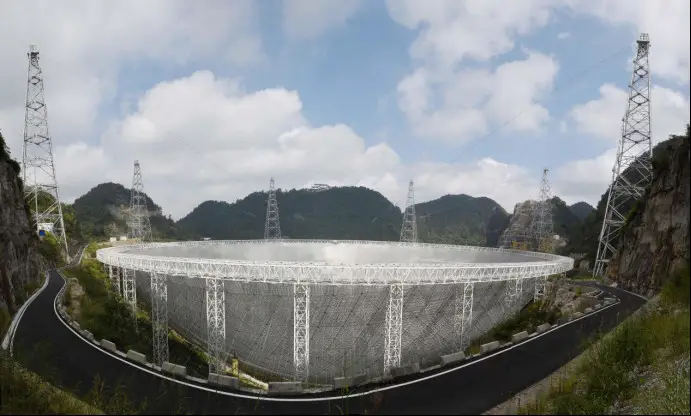 Photo shows the Five-hundred-meter Aperture Spherical Radio Telescope, also known as the FAST, in southwest China's Guizhou province. It is the world's largest single-dish radio telescope. (By Deng Gang/People's Daily Online)