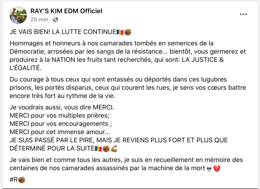 Tchad : Ray's Kim donne de ses nouvelles, "je vais bien" Tchad : Ray's Kim donne de ses nouvelles, "je vais bien"