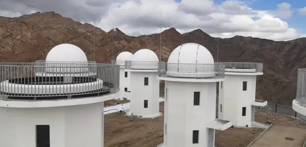 Photo shows a multi-application survey telescope array, or MASTA, deployed at a 3,800-meter-high platform of an astronomical observatory under construction in Lenghu, Mangya city, Haixi Mongol and Tibetan autonomous prefecture, northwest China's Qinghai Province. (Photo courtesy of the management bureau of the Lenghu industrial park)