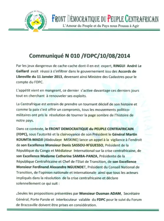 RCA : Le groupe armé FDPC appelle à la vigilance pour la formation du gouvernement