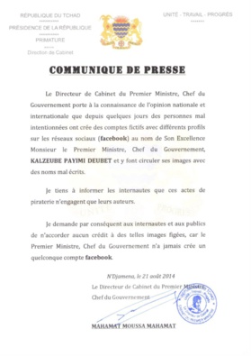 Le premier ministre tchadien dément avoir une page facebook Le premier ministre tchadien dément avoir une page facebook