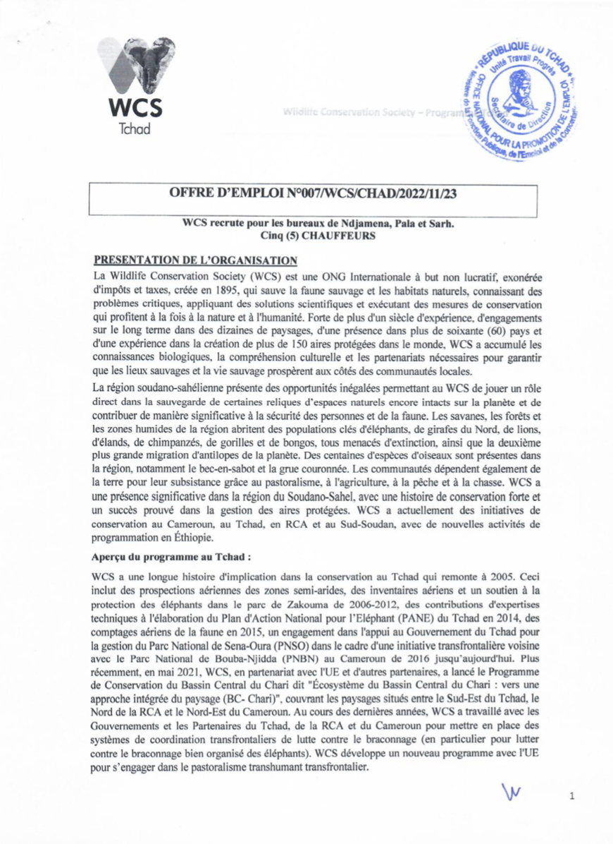 Tchad : Avis de recrutement de cinq (5) chauffeurs pour les bureaux de N’Djamena, Pala et Sarh.