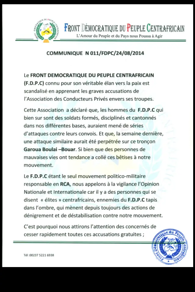 Centrafrique : Le groupe rebelle FDPC dément avoir mené des séries d'attaques