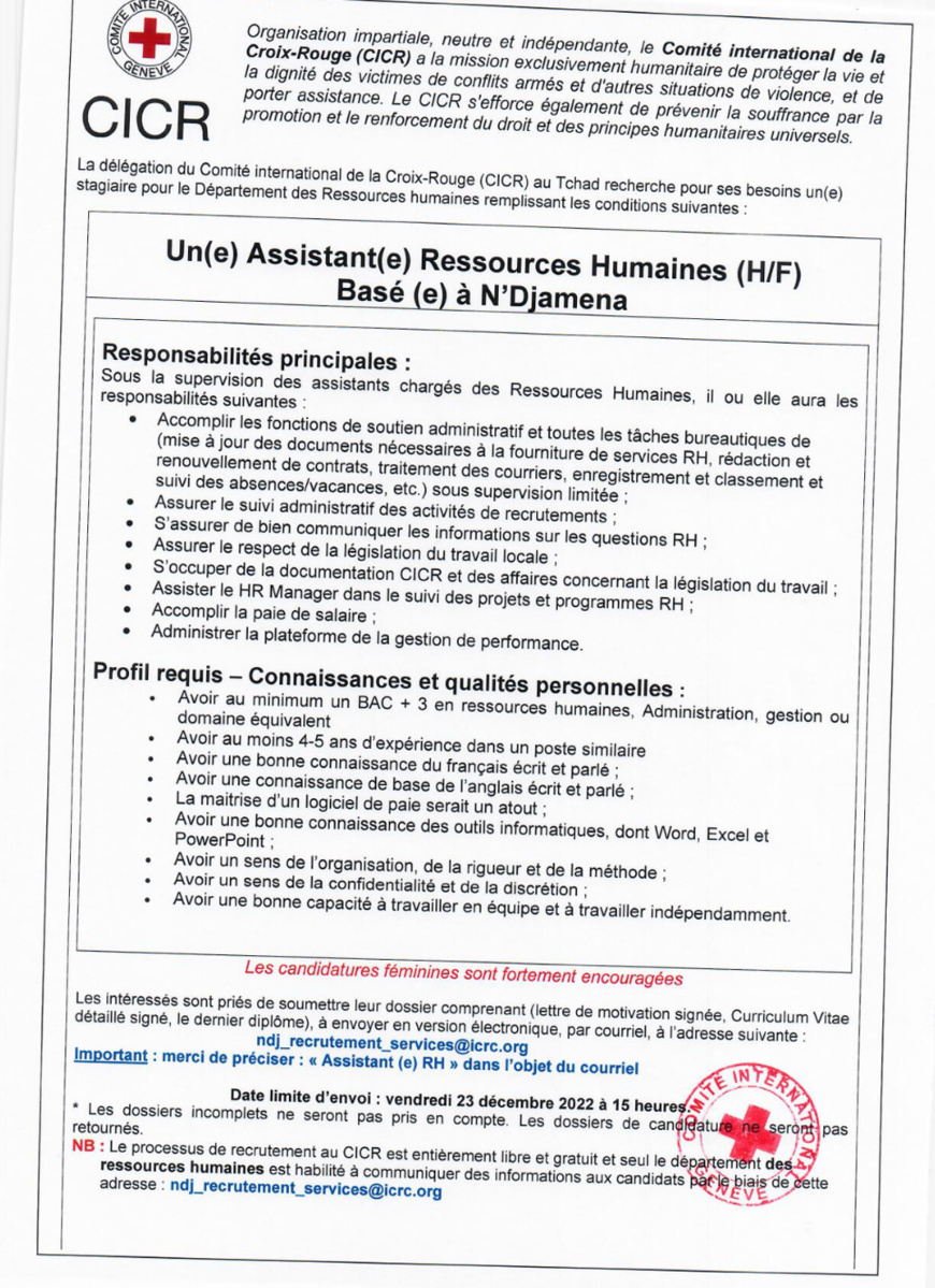 Tchad : La Délégation du CICR recrute un(e) "Assistant(e) Ressources Humaines" basé(e) à N'Djamena Tchad : La Délégation du CICR recrute un(e) "Assistant(e) Ressources Humaines" basé(e) à N'Djamena