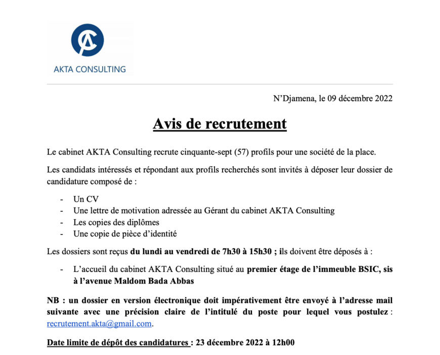 Tchad : Le cabinet AKTA CONSULTING recrute cinquante-sept (57) profils pour une société de la place Tchad : Le cabinet AKTA CONSULTING recrute cinquante-sept (57) profils pour une société de la place