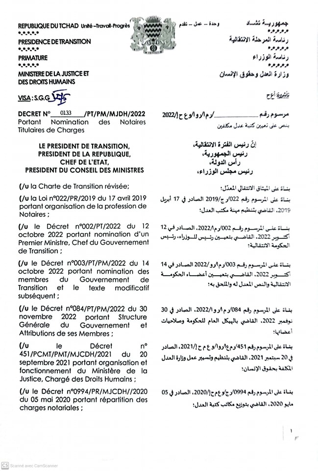 Tchad : nomination de 7 notaires titulaires de charges 