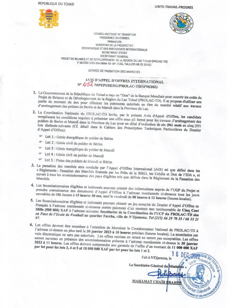 Tchad : Un Avis d'Appel d'Offres International (n°452) lancé par le Projet PROLAC-TD (aménagement de polders)