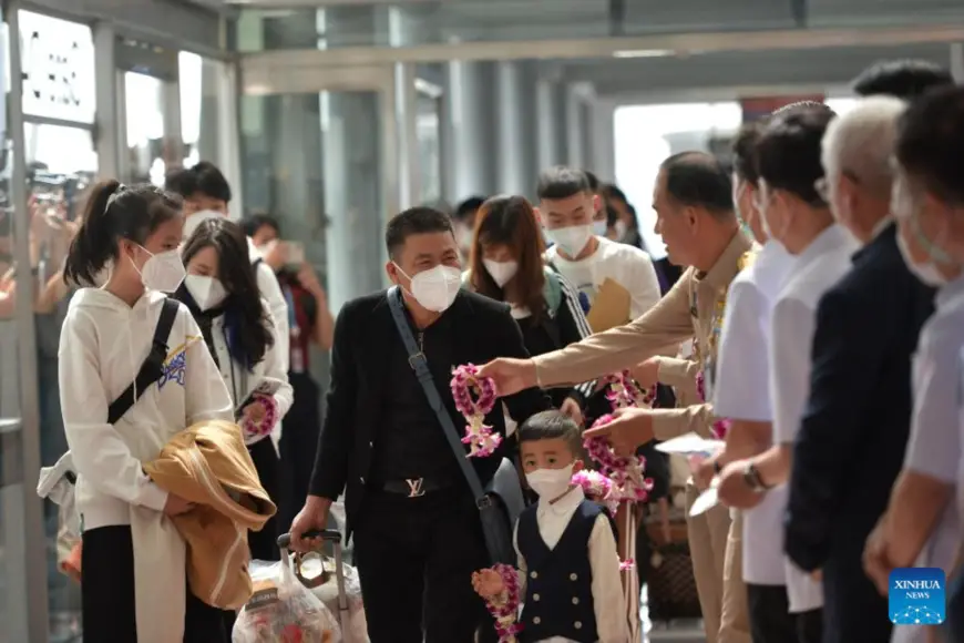 Chinese passengers are welcomed by Thai officials at the Suvarnabhumi Airport in Samut Prakan, Thailand, Jan. 9, 2023.