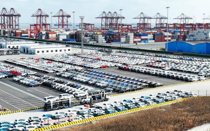 Automobiles are about to be shipped to overseas markets at Taicang port, east China's Jiangsu province, Jan. 10, 2023. (Photo by Ji Haixin/People's Daily Online)