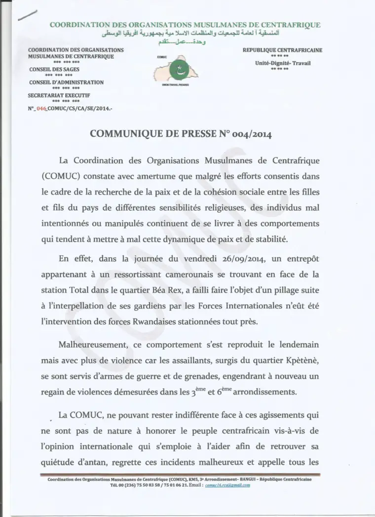 Bangui : Appels au calme suite à des incidents au PK5