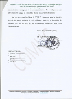 RCA : Condamnations des incidents du samedi 27 au dimanche 28 septembre survenus au KM5 de Bangui