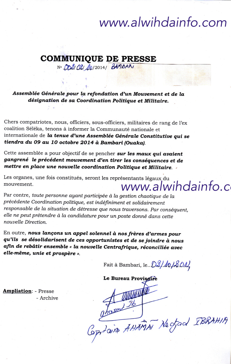 RCA : D'ex-Séléka annoncent une grande assemblée générale dans 4 jours à Bambari