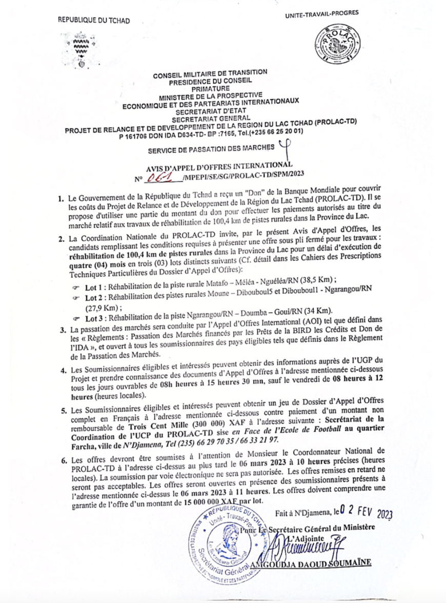 Tchad : Avis d'Appel d'Offres International n°61 du PROLAC-TD (Réhabilitation de 100,4km de pistes rurales) Tchad : Avis d'Appel d'Offres International n°61 du PROLAC-TD (Réhabilitation de 100,4km de pistes rurales)