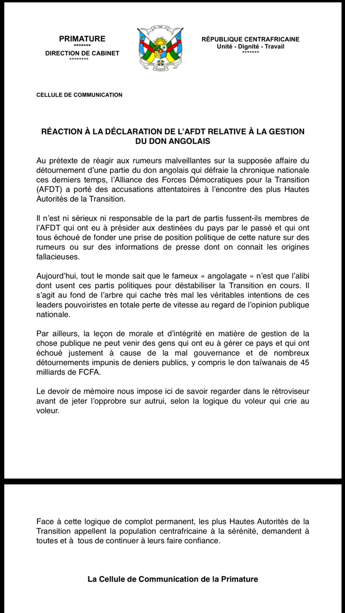 RCA : L'Angolagate n'est qu'un alibi pour déstabiliser la transition en cours (communiqué Primature) RCA : L'Angolagate n'est qu'un alibi pour déstabiliser la transition en cours (communiqué Primature)