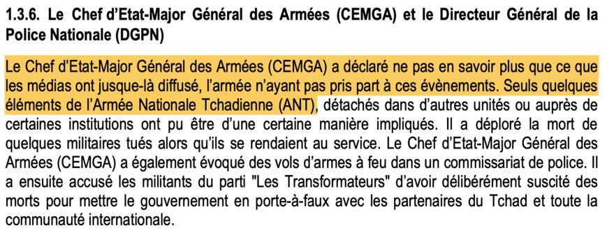 Tchad : l'armée affirme ne pas avoir pris part aux évènements du 20 octobre (enquête CNDH) Tchad : l'armée affirme ne pas avoir pris part aux évènements du 20 octobre (enquête CNDH)