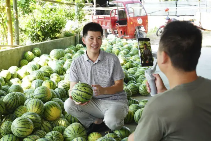 A farmer sells watermelons on a short video platform in Xishanping village, Beibei district, southwest China's Chongqing municipality. (Photo by Qin Tingfu/People's Daily Online)