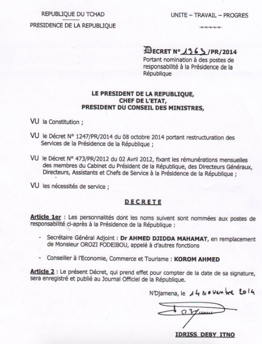 Tchad : L'ex-ministre Ahmat Djidda nommé SGA de la Présidence