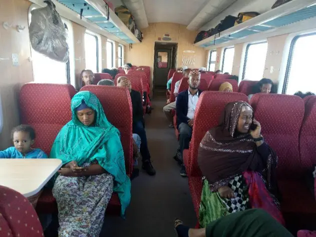 Photo shows passengers on a train running on the Addis Ababa-Djibouti Standard Gauge Railway. (Photo by Huang Peizhao/People's Daily)