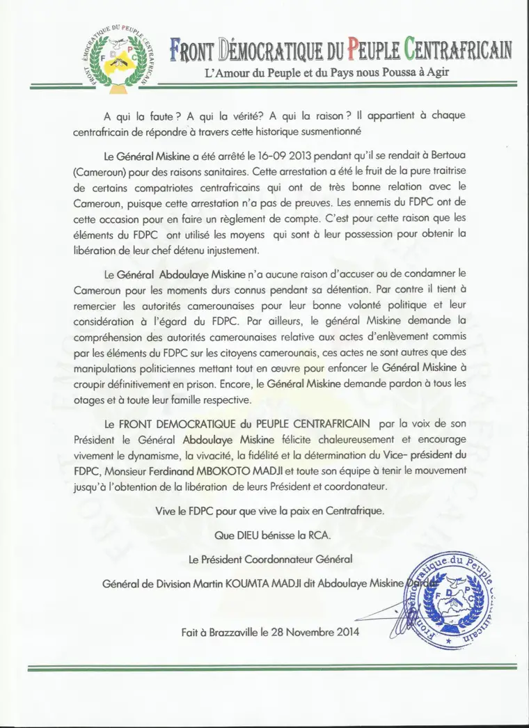 RCA : Première déclaration du chef du FDPC, Abdoulaye Miskine après sa libération