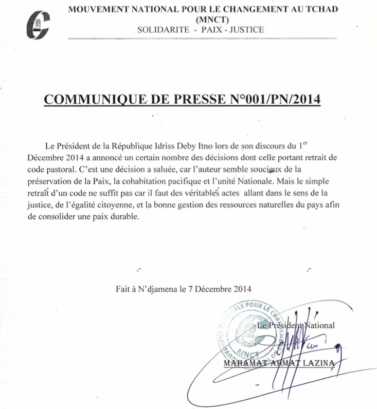 Tchad : Le parti MNCT demande de véritables actes pour consolider la paix Tchad : Le parti MNCT demande de véritables actes pour consolider la paix