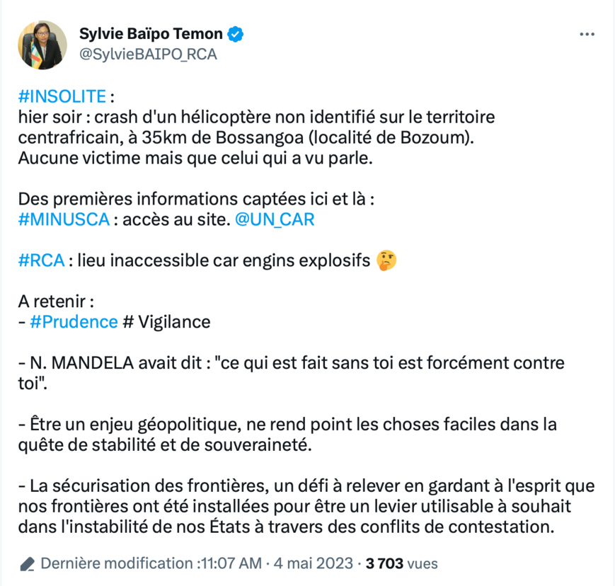 Un hélicoptère s'écrase en RCA : la ministre des Affaires étrangères appelle à la vigilance Un hélicoptère s'écrase en RCA : la ministre des Affaires étrangères appelle à la vigilance