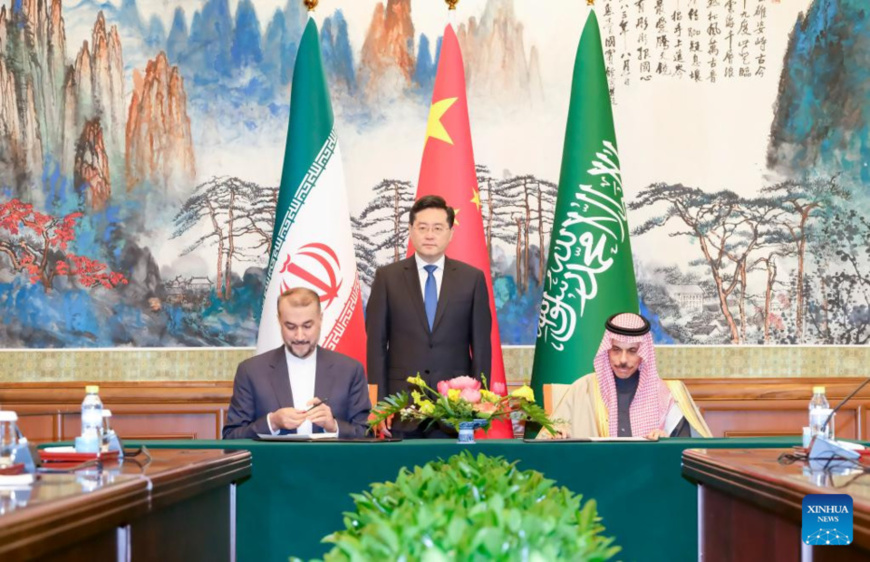 Chinese State Councilor and Foreign Minister Qin Gang meets with Saudi Arabian Foreign Minister Prince Faisal bin Farhan Al Saud and Iranian Foreign Minister Hossein Amir-Abdollahian in Beijing, capital of China, April 6, 2023. The two foreign ministers, Faisal and Amir-Abdollahian, are in Beijing for a meeting. After the meeting, Qin witnessed the signing of a joint statement between Saudi Arabia and Iran. The two countries announced the resumption of diplomatic relations with immediate effect. (Xinhua/Ding Lin)