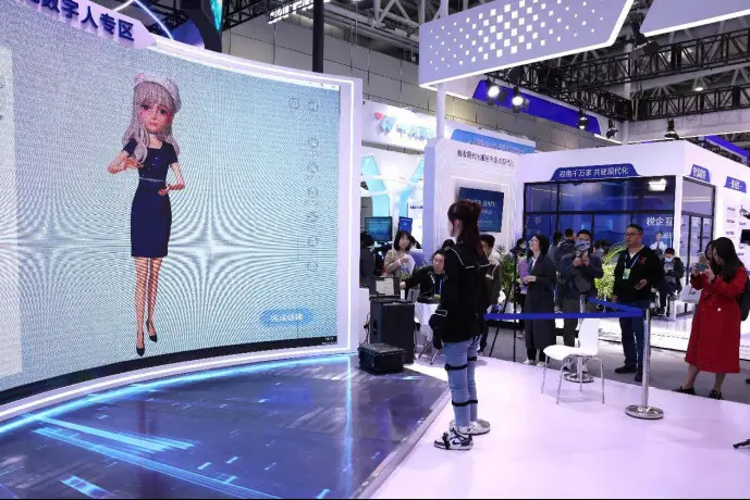 A digital human exhibition area is staged during the 6th Digital China Summit in Fuzhou, east China's Fujian province, April 26, 2023. (Photo by Wang Wangwang/People's Daily Online)