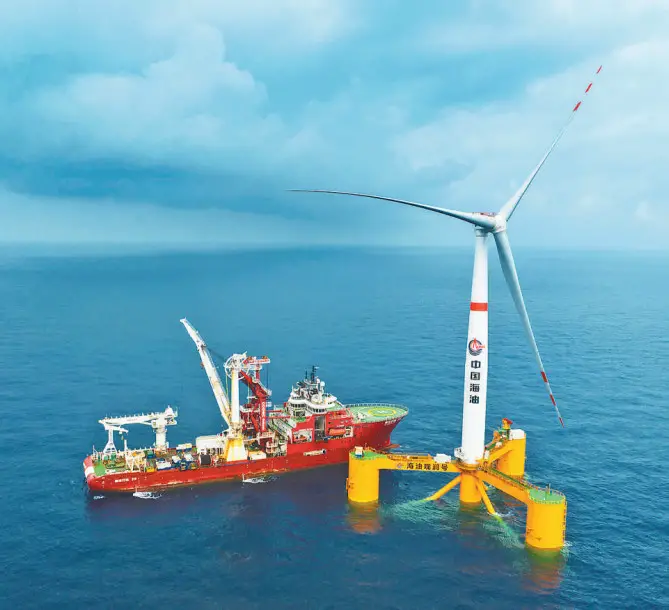 Photo shows the Haiyou Guanlan deep-sea floating wind power platform. (Photo provided by China National Offshore Oil Corporation)