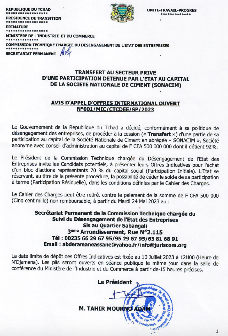 Tchad : Appel d'offres international pour la cession d'une participation de l'État dans la SONACIM Tchad : Appel d'offres international pour la cession d'une participation de l'État dans la SONACIM